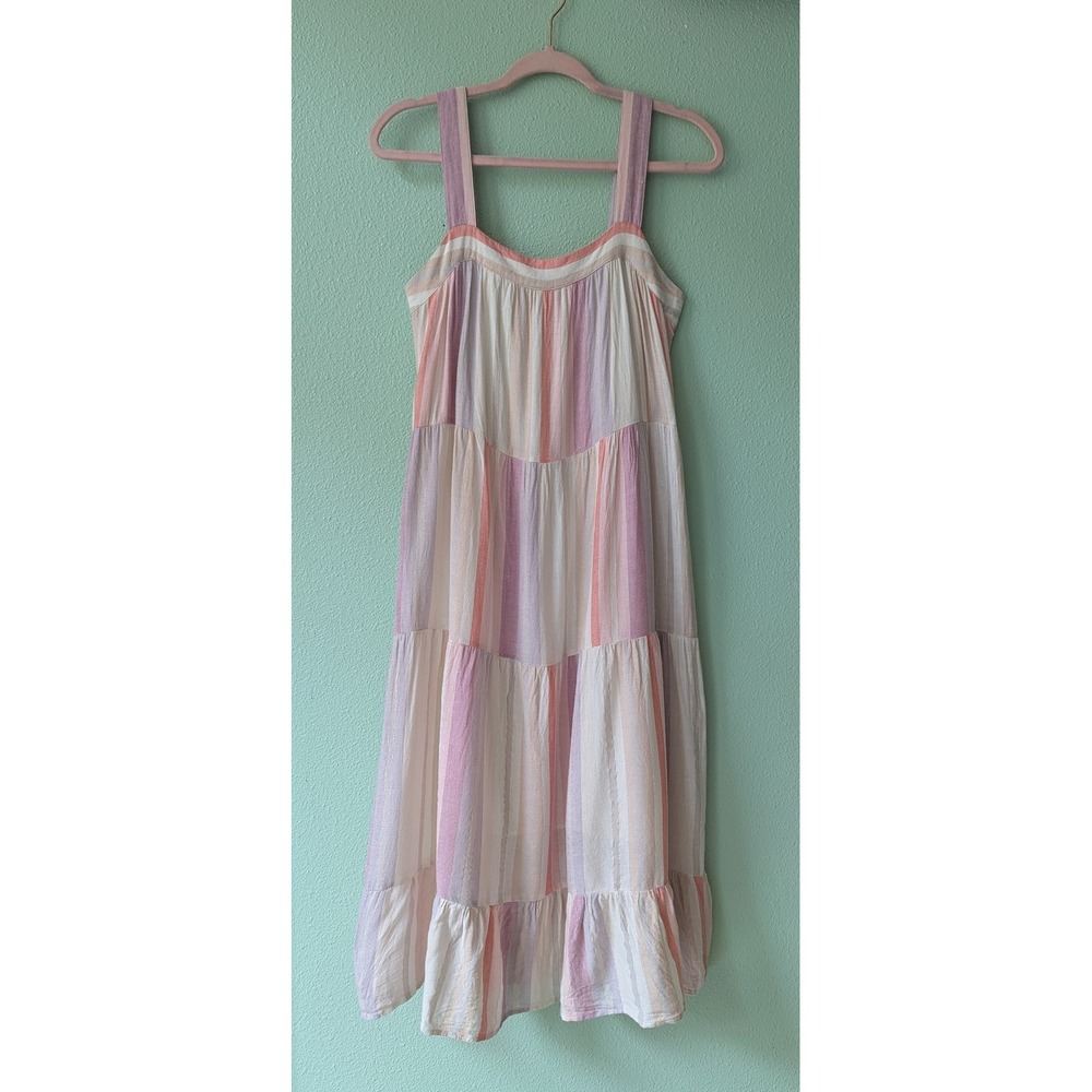 Rails Striped Tiered Midi Dress Pastel Pink Lavender Metallic‎ Gold Linen Small